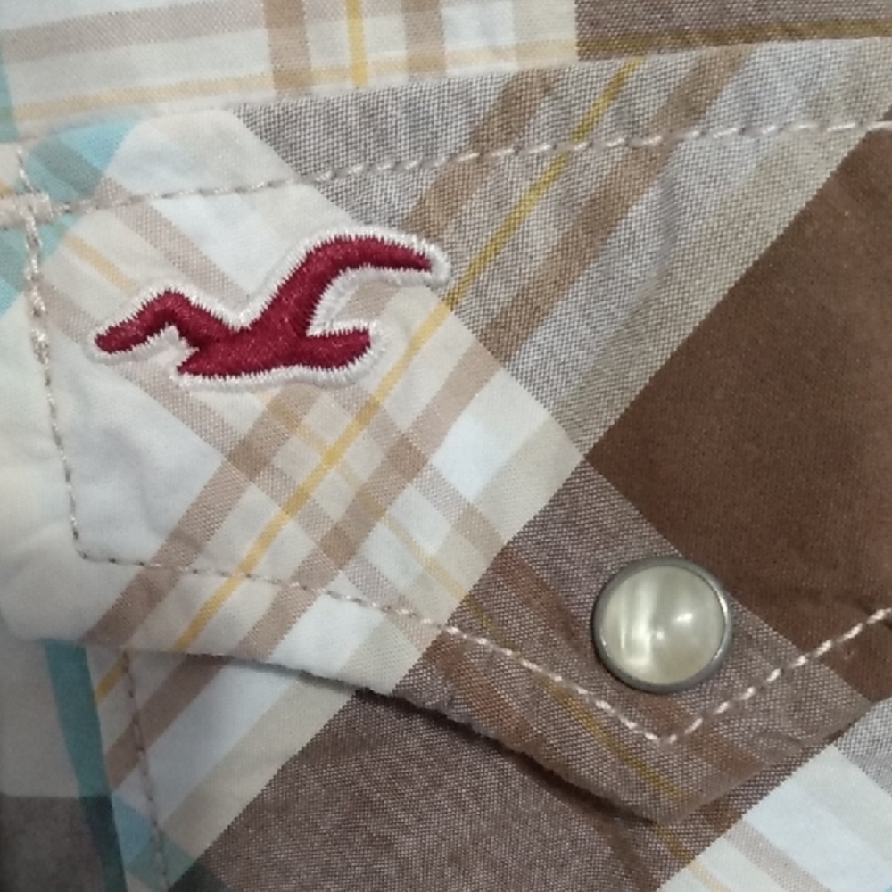 Hollister Plaid Western Snap Button Long Sleeve Shirt Men's Brown Blue White - Picture 4 of 15